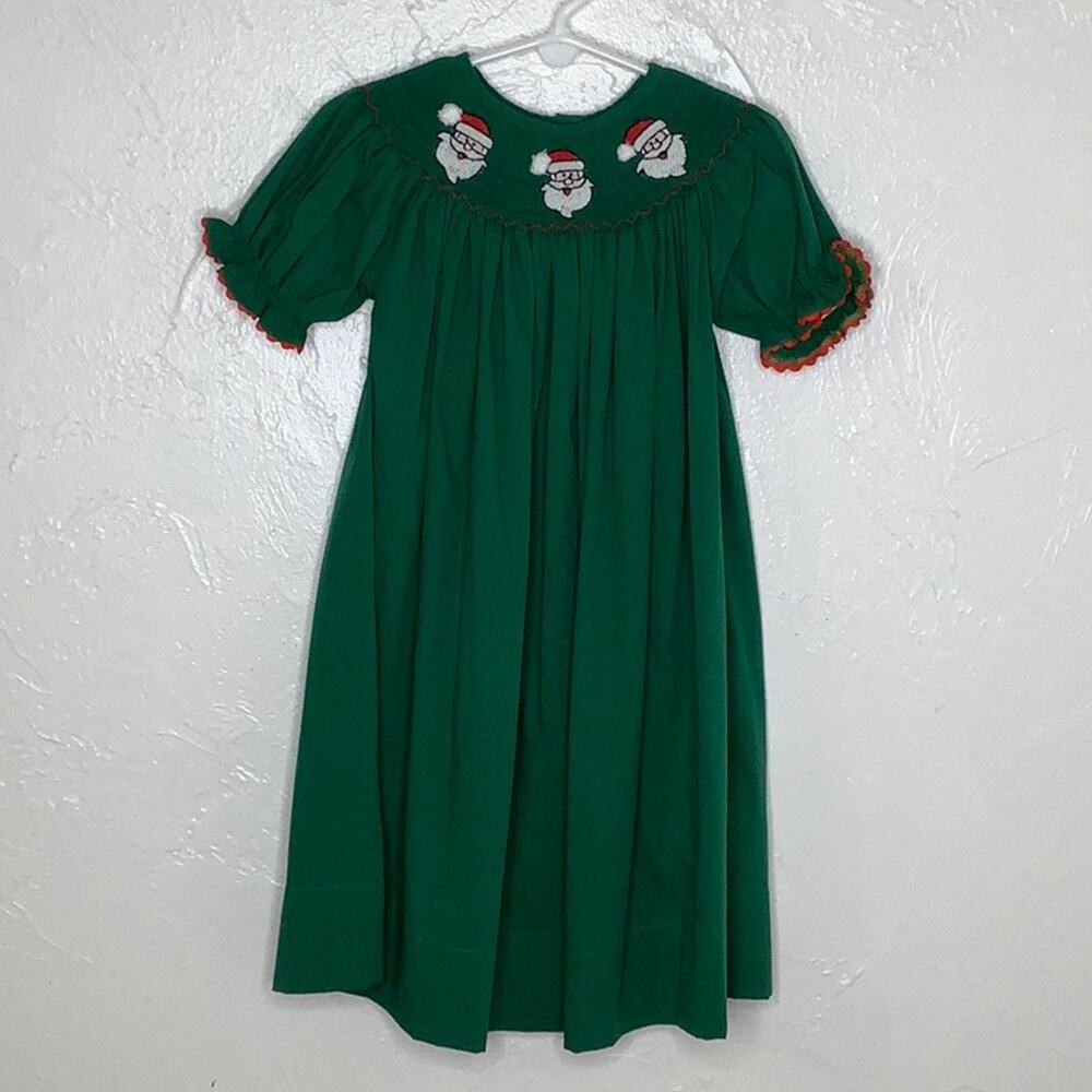 NOLA Smocked Santa Claus Pom Pom Hat Holiday Christmas dress size 2T EUC